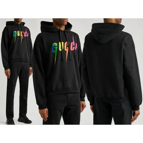 GUCCI MENS SWEATSHIRT BLACK COTTON HOODIE w BLADE LOGO sz L LARGE